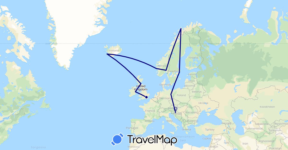 TravelMap itinerary: driving in Germany, United Kingdom, Croatia, Ireland, Iceland, Norway, Sweden (Europe)